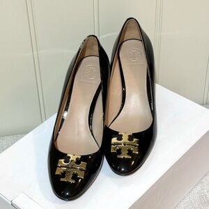 Tory Burch Patent Black Wedge Pumps